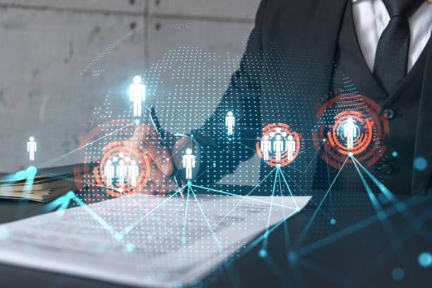 Businessman in suit signs contract. Double exposure with social media and planet hologram. Man signing agreement on research. People network concept.