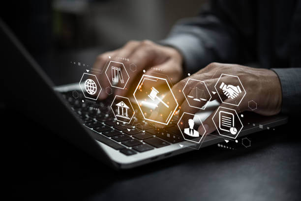 businessman using digital technology laptop computer law innovation Technology of Law Concept.